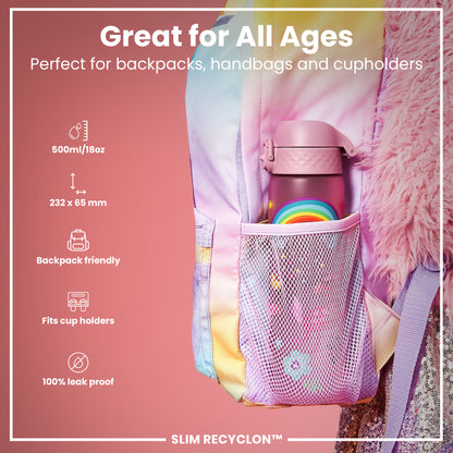 Leak Proof Slim Water Bottle, Recyclon, Unicorns, 500ml (18oz)