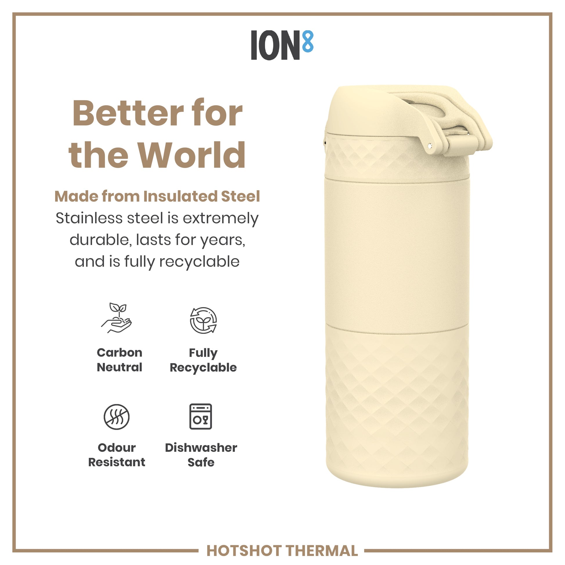 A cream-colored, insulated stainless steel tumbler sits against a white background; it is shown to be durable, recyclable, dishwasher safe, and odor resistant.