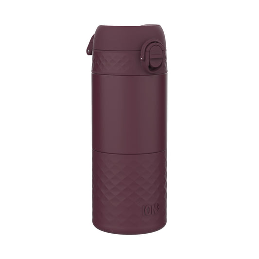 A dark-burgundy ION8 water bottle sits upright against a white background. The bottle features a textured, diamond-patterned base and a hinged, snap-on lid.