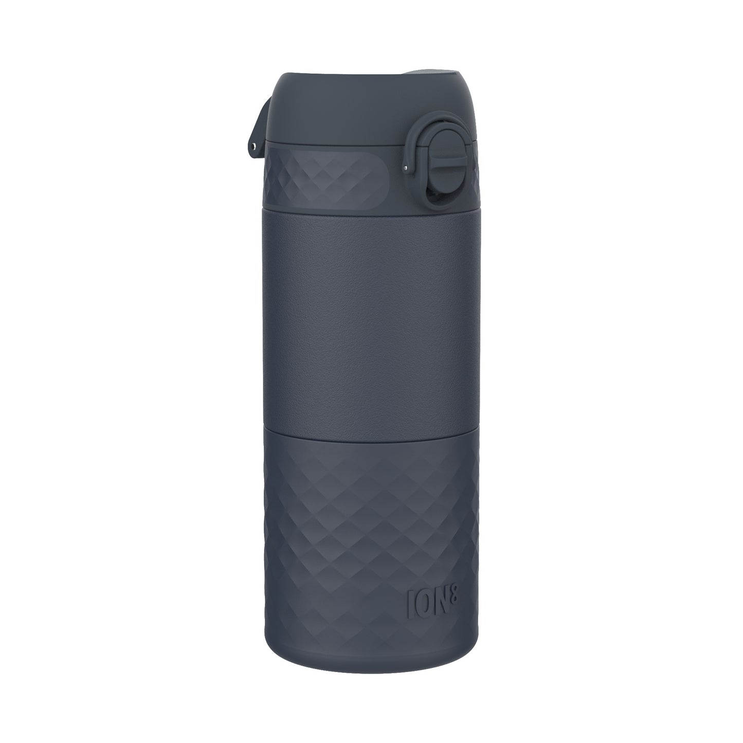 A dark-gray ION8 water bottle stands upright against a white background. Its textured base and lid feature a geometric pattern.