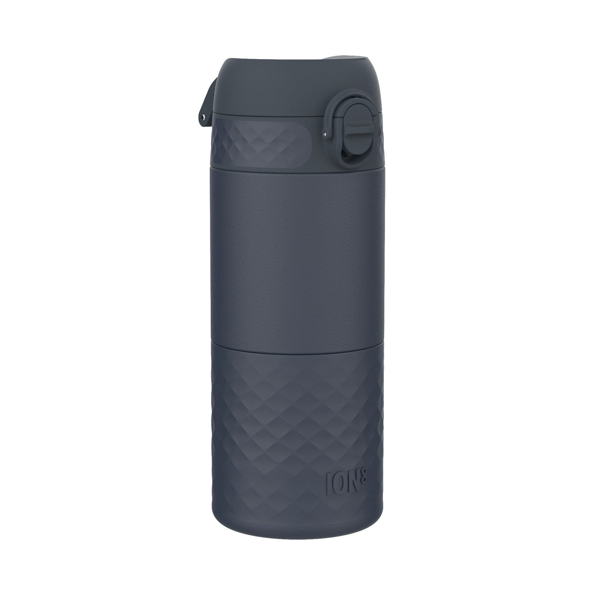 A dark-gray ION8 water bottle stands upright against a white background. Its textured base and lid feature a geometric pattern.