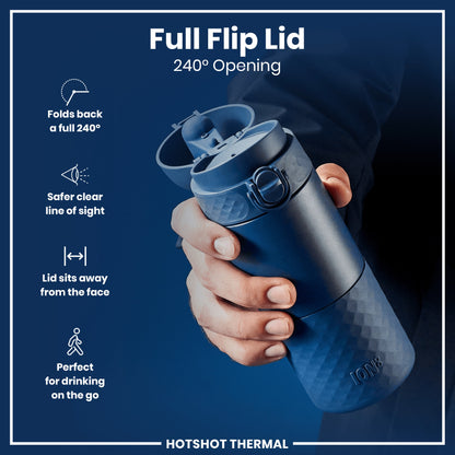 A dark-blue thermos, held in a hand, features a 240° opening flip lid; the design prioritizes a safe drinking experience while on the go. The brand is ION8, part of HOTSHOT THERMAL.