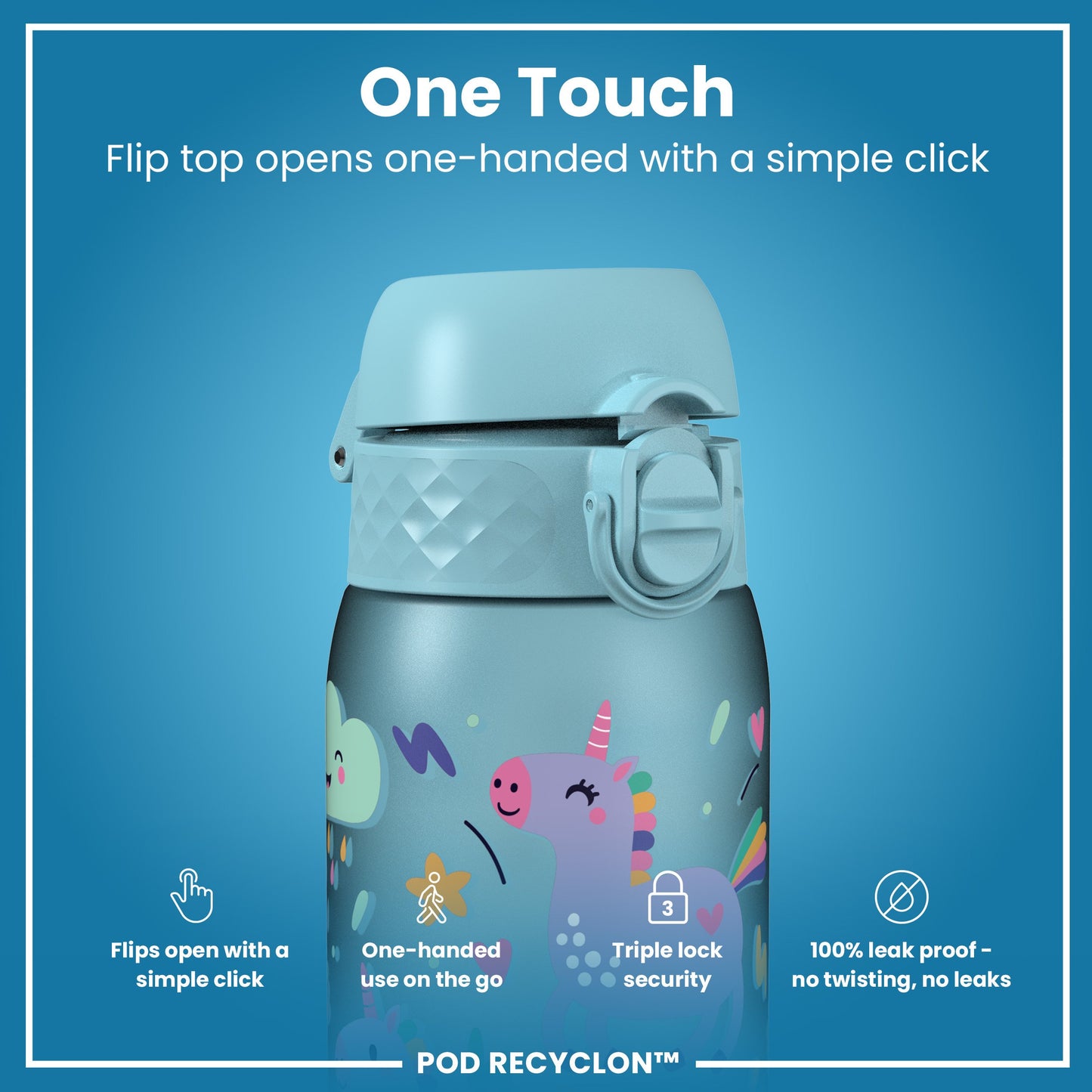 Leak Proof Kids Water Bottle, Recyclon, Blue Unicorns, 350ml (12oz)