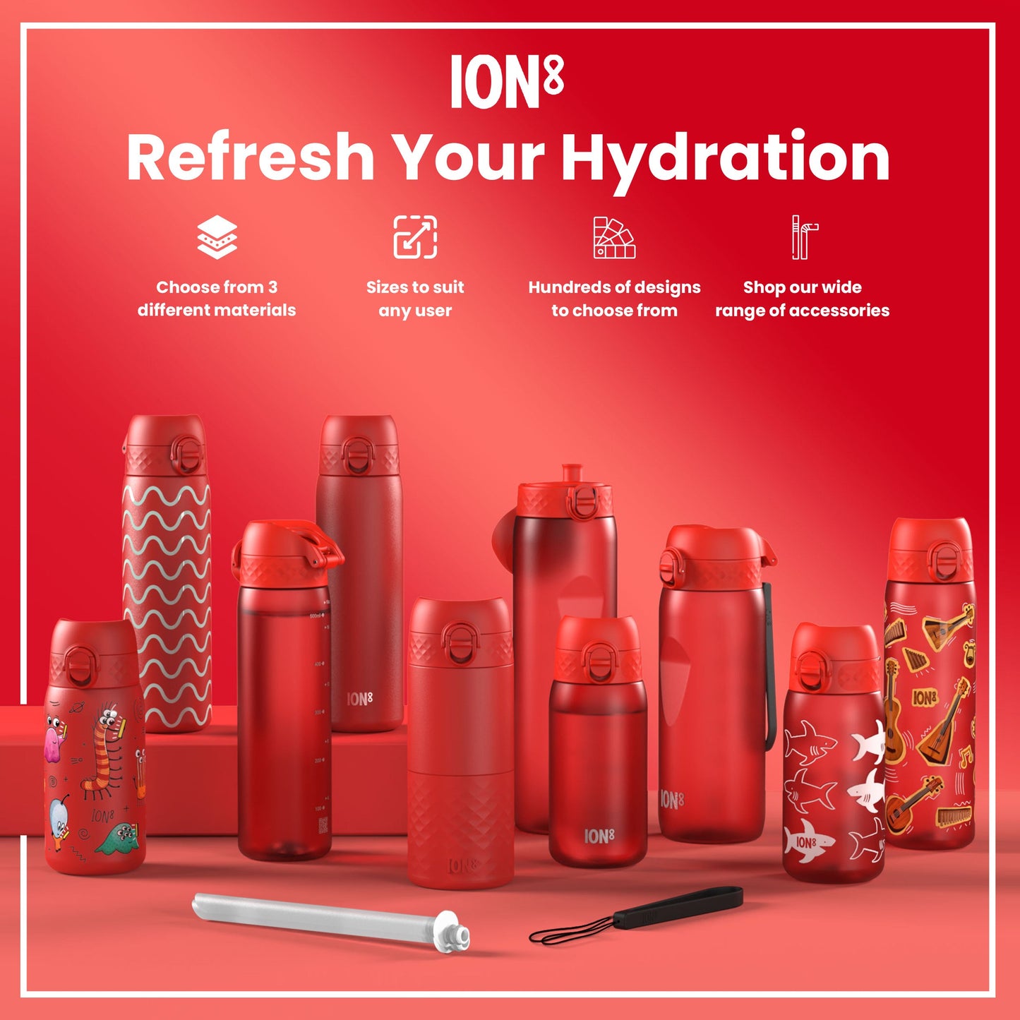Leak Proof Slim Water Bottle, Recyclon, Red Unicorns, 500ml (18oz)