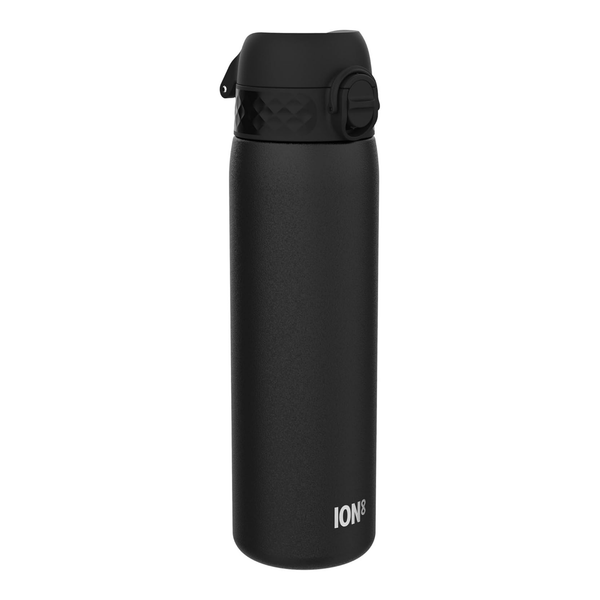 ION8 Slim Lightweight Steel Water Bottle, 600 ml/20 oz, Leak Proof, Easy to Open, Secure Lock, Dishwasher Safe, Hygienic Flip Cover, Fits Cup Holders, Carry Handle, Durable, Scratch Resistant, Carbon Neutral, Black