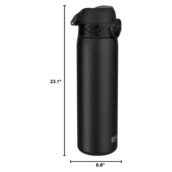 ION8 Slim Lightweight Steel Water Bottle, 600 ml/20 oz, Leak Proof, Easy to Open, Secure Lock, Dishwasher Safe, Hygienic Flip Cover, Fits Cup Holders, Carry Handle, Durable, Scratch Resistant, Carbon Neutral, Black