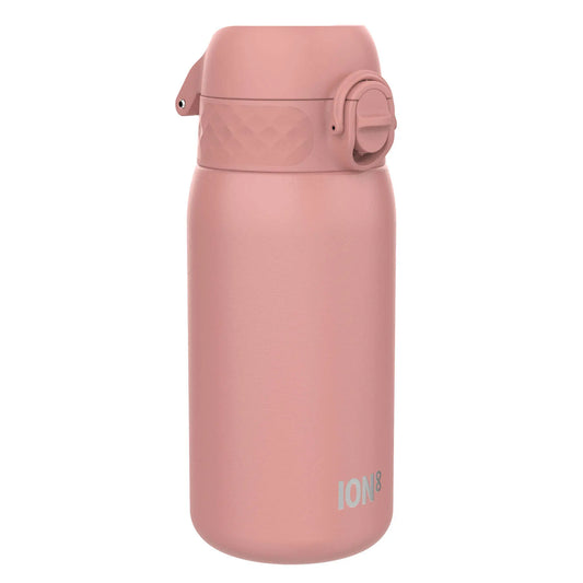 A pink insulated water bottle stands upright featuring a secure lid with a clasp and the text "ION8" near the base on a plain white background.