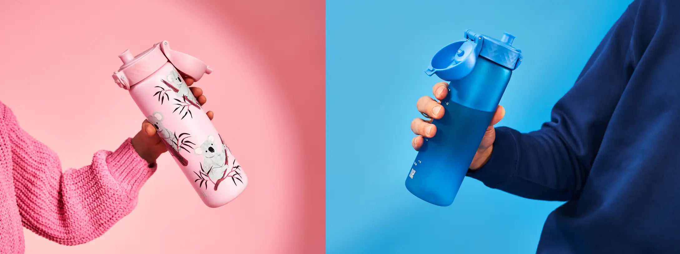 Pink and Blue bottle being held by a boy and a girl in widescreen size