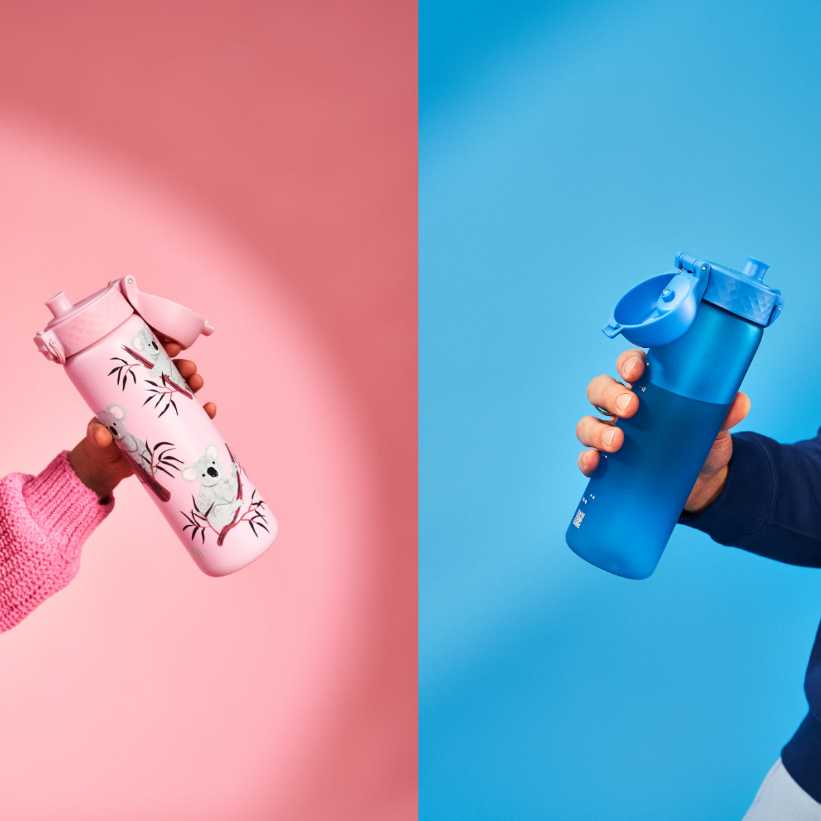 Pink and Blue bottle being held by a boy and a girl in mobile size