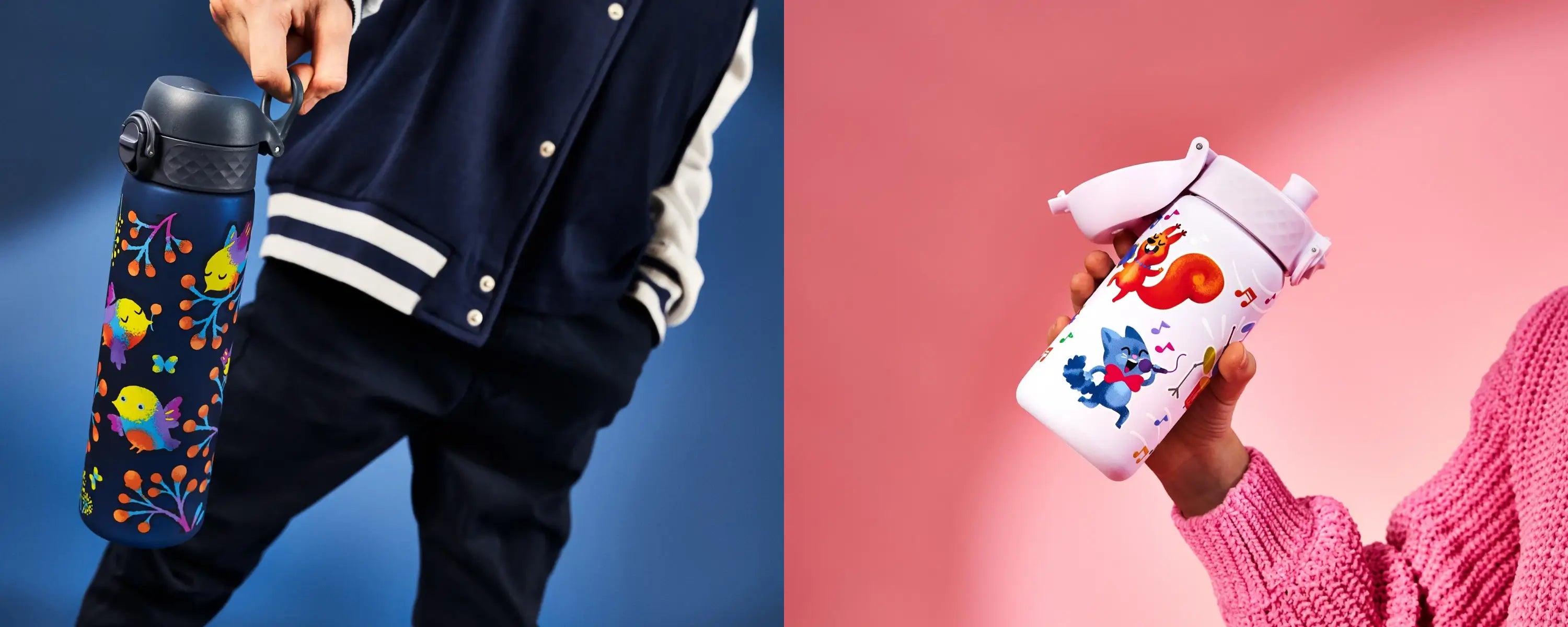 Person holds a dark-blue water bottle decorated with birds and floral designs against a blue background; another person holds a light-pink water bottle with cartoon animals against a pink backdrop.